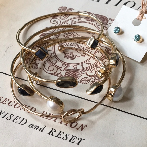 6 Jeweled Bracelets Cuff Bangles 1 Pair Pierced Earrings Gold Tone Bundle NWOT - Picture 6 of 7